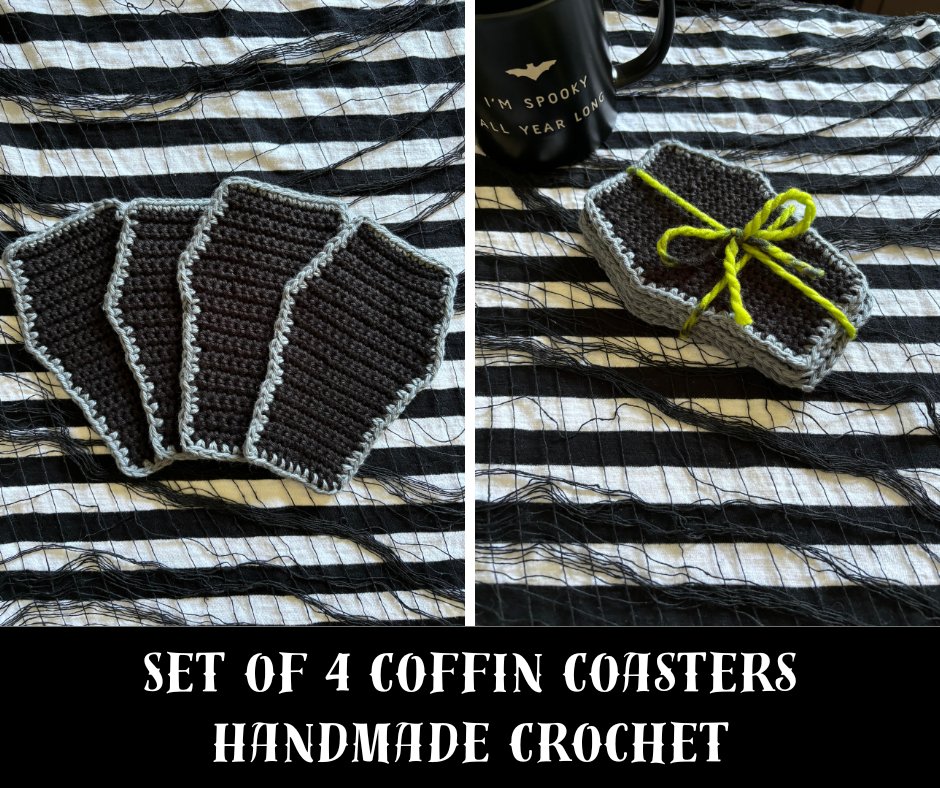 Set of 4 Crochet Coasters Coffin Halloween Spooky Goth