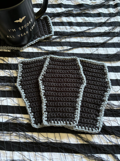 Set of 4 Crochet Coasters Coffin Halloween Spooky Goth